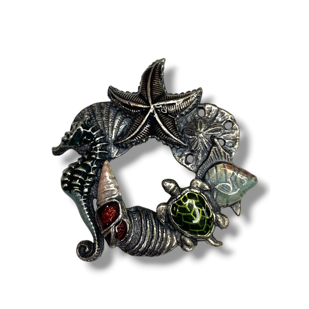 Vintage Ocean Theme Wreath Brooch Pewter Color 1.5" Turtle Seahorse Starfish